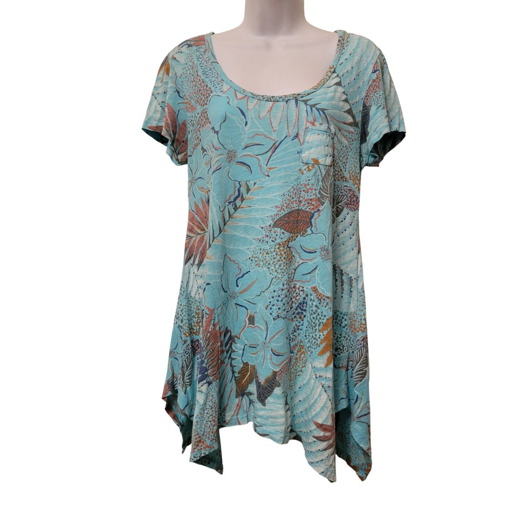 Fresh Produce M Tunic Blue Tropical Floral Sharkbite Hem Summer Pocket Tee